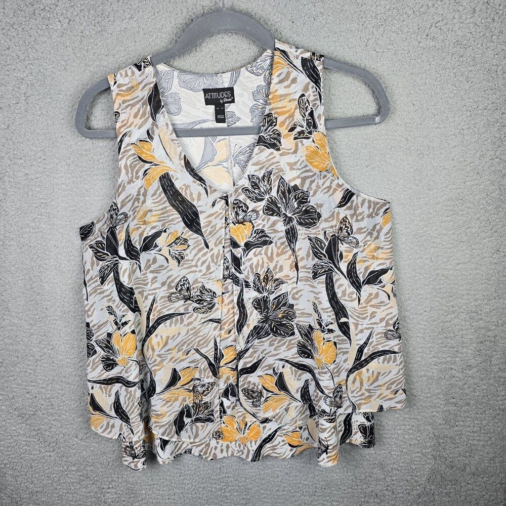 Attitudes by Renee Tank Top  Blouse Womens XL Yellow Brown V-Neck Lagenlook